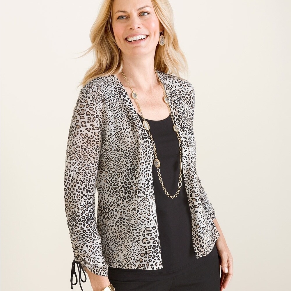 Chico's Animal-Print Ruched-Sleeve Cardigan Large Chico's 2‎ Minimalist Casual